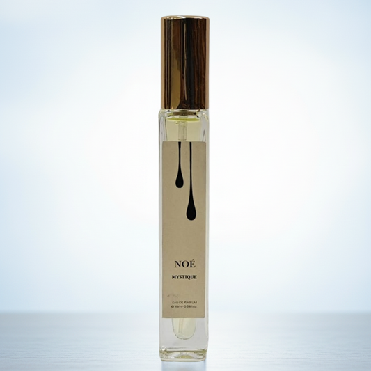 Perfume bottle labeled 'NOé' on a light blue background