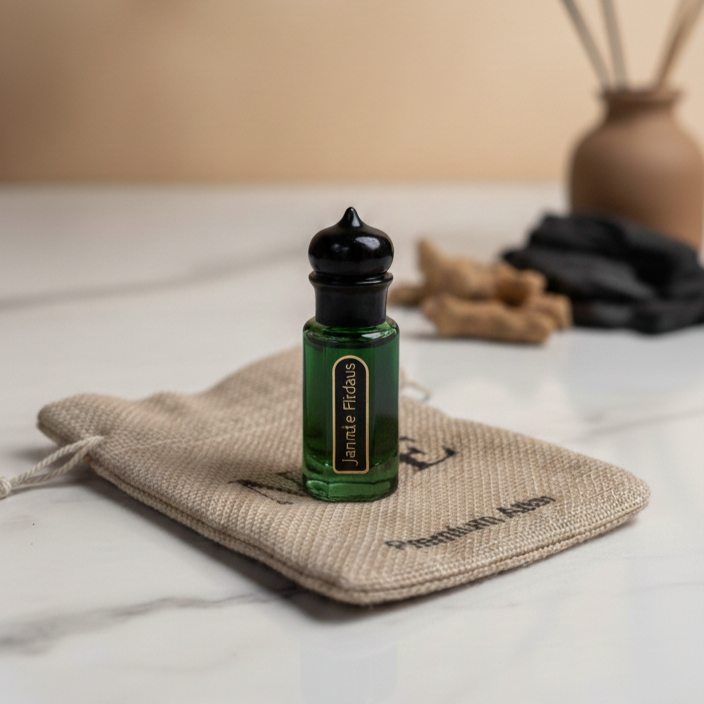 Green glass bottle of Jasmine Firdaus essential oil on beige cloth pouch with natural decor background