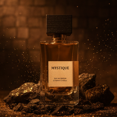 Mystique Eau de Parfum bottle with black cap on dark textured surface with glowing golden specks