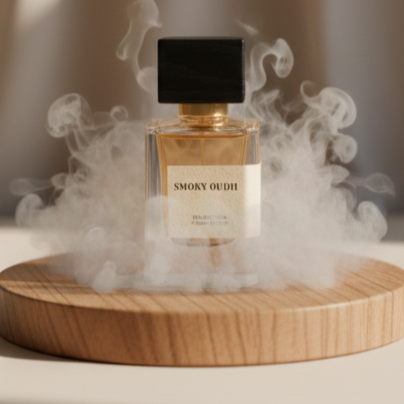 Smoky Oudh perfume bottle with black cap surrounded by swirling smoke on wooden platform