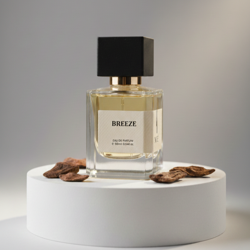 Breeze eau de parfum bottle with black cap on white pedestal surrounded by brown dried petals