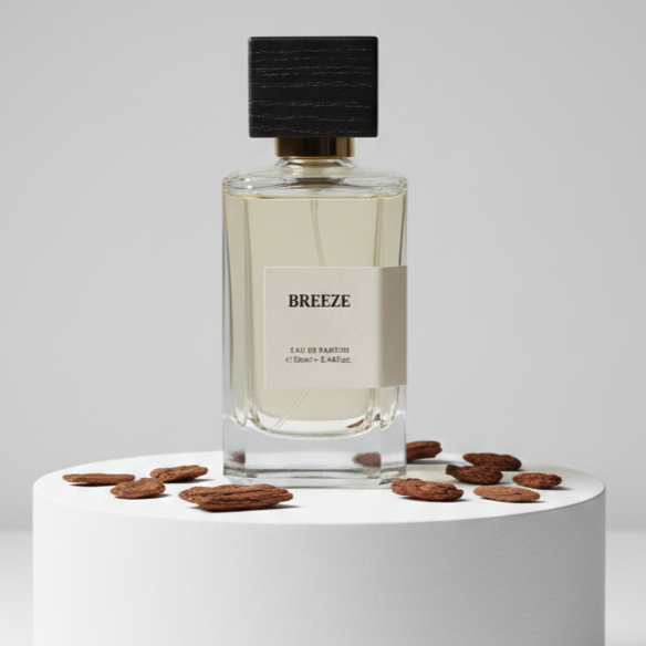 Breeze eau de parfum bottle with black cap on white pedestal surrounded by brown almond nuts
