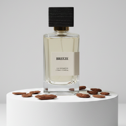 Breeze eau de parfum bottle with black cap on white pedestal surrounded by brown almond nuts