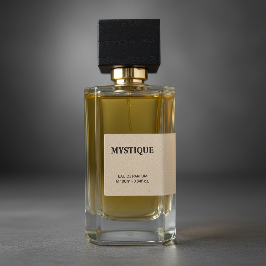 Mystique eau de parfum 100ml bottle with black cap on gray background