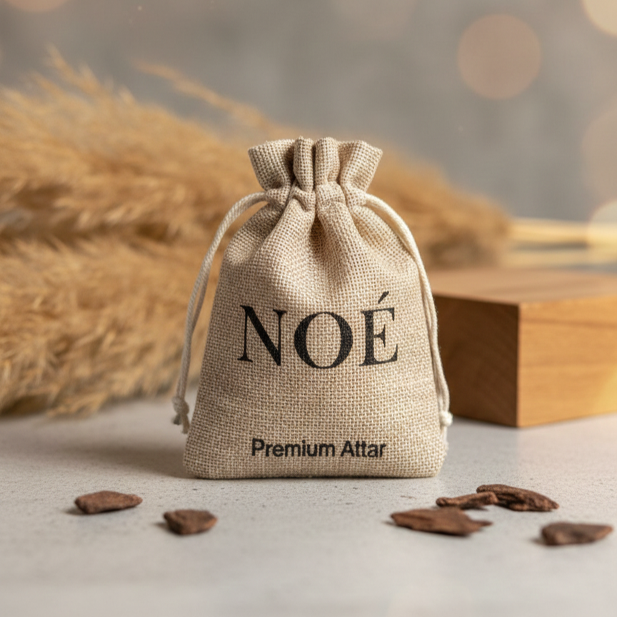 Natural beige fabric pouch labeled NOÉ Premium Attar with dried wood pieces on a light surface and cozy brown background