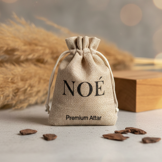 Natural beige fabric pouch labeled NOÉ Premium Attar with dried wood pieces on a light surface and cozy brown background