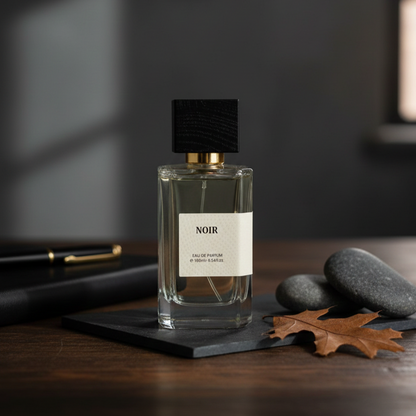 Noir eau de parfum bottle with black cap on wooden table beside smooth stones and dried leaf