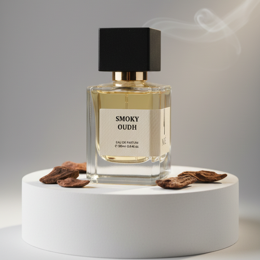 Smoky Oudh perfume bottle with black cap on white pedestal surrounded by dried wood pieces and rising smoke