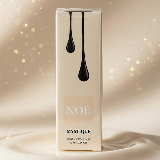 NOé Mystique perfume bottle with a beige background