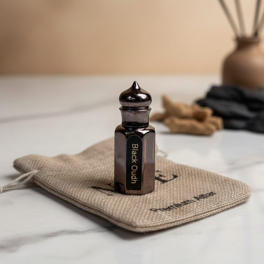 Black Oudh perfume bottle on beige linen pouch labeled Premium Musk on marble surface