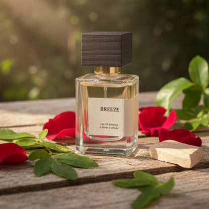 Breeze perfume bottle on wooden surface with rose petals and green leaves in natural sunlight