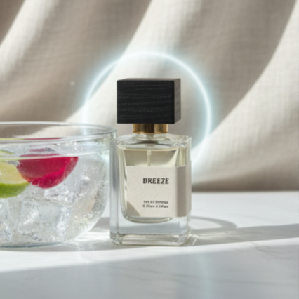 Glass perfume bottle labeled Breeze next to iced drink with lime and cherry on white surface
