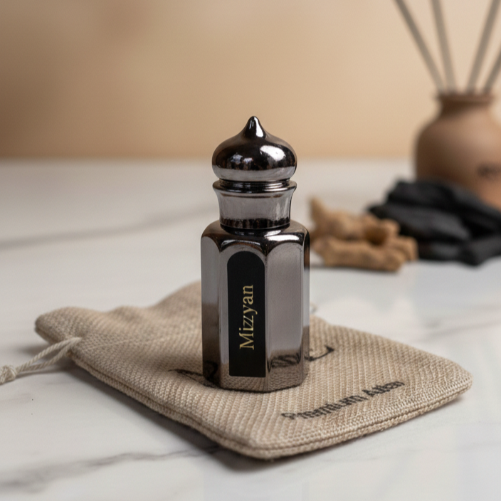 Mizyan black glass perfume bottle on beige pouch with blurred decorative background