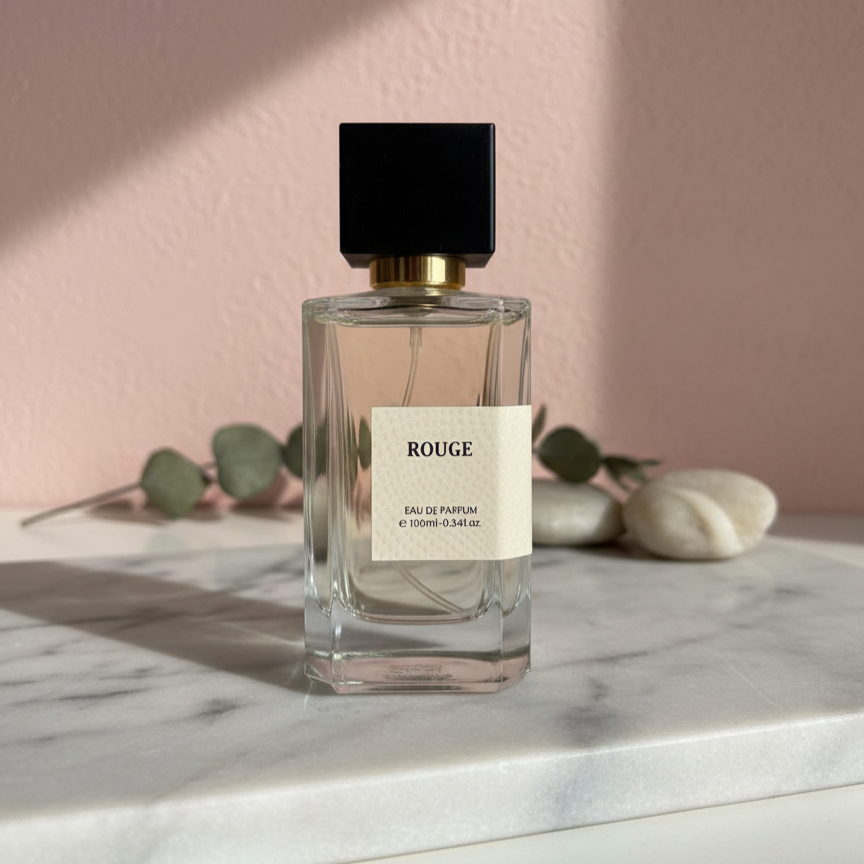Rouge Eau de Parfum 100ml glass bottle on marble surface with soft pink wall and greenery background