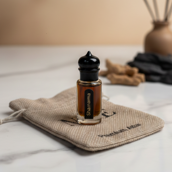 Small glass bottle of Shamama perfume oil with black cap on a beige pouch on marble surface