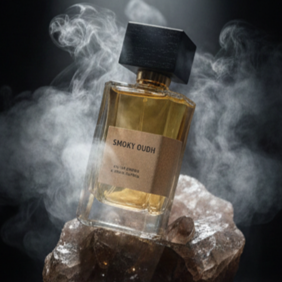 Smoky Oudh perfume bottle with wooden cap on crystal rock surrounded by swirling smoke