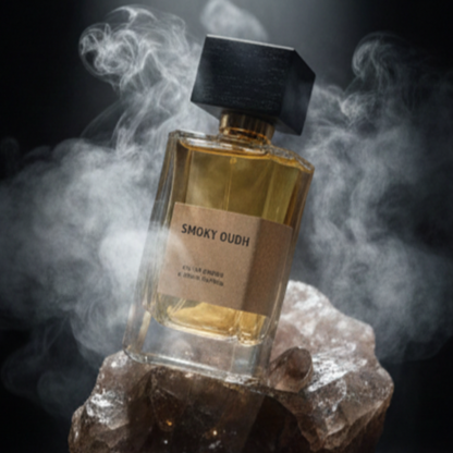 Smoky Oudh perfume bottle with wooden cap on crystal rock surrounded by swirling smoke